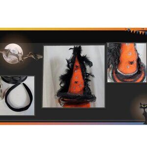 Fancy Witch Hat Fascinator - Orange Hat w/Tulle & Black Feathers - Halloween Hat